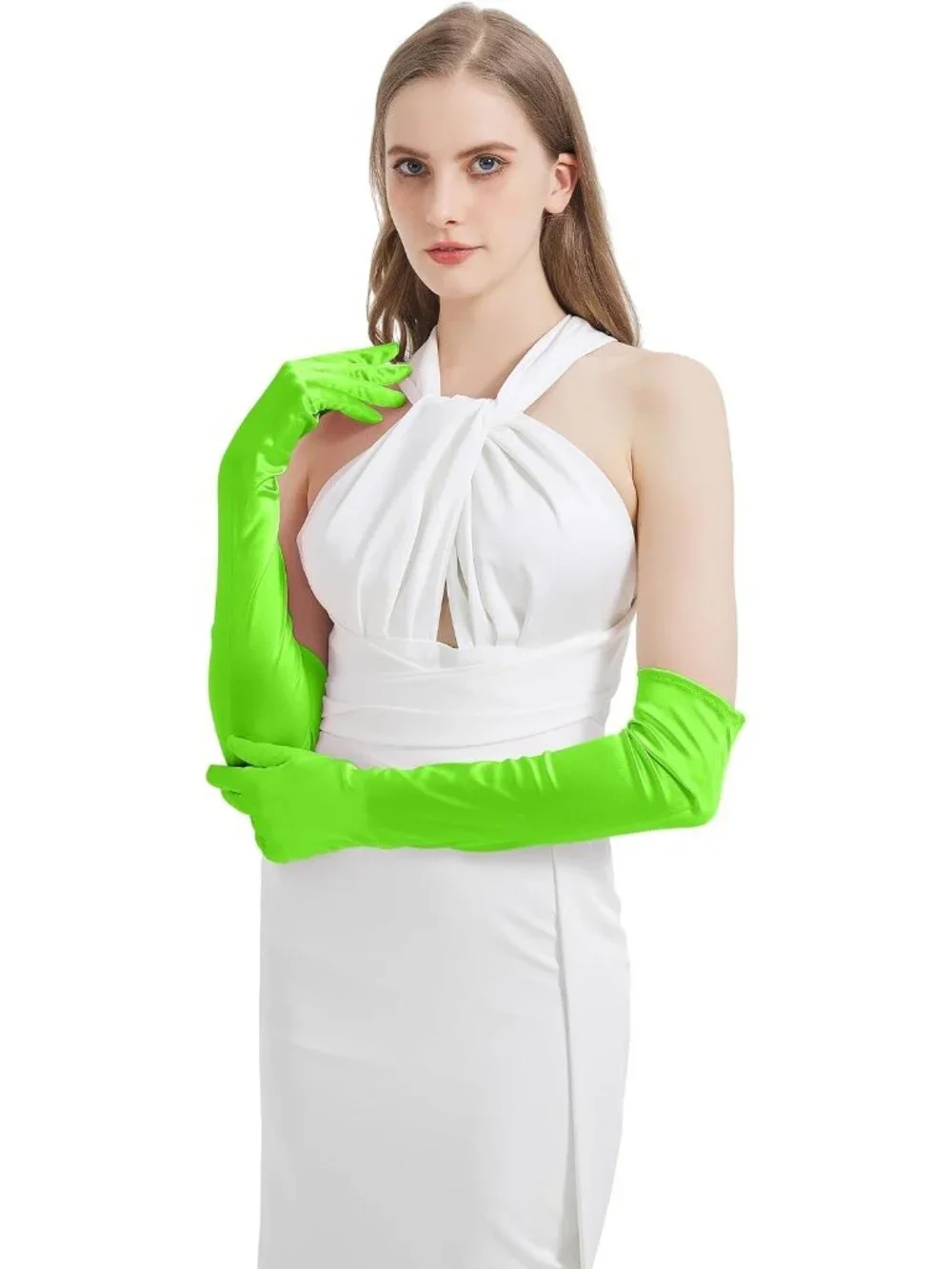 Women's Neon Green Satin Opera Elbow Length 1920s Flapper Long Gloves Party